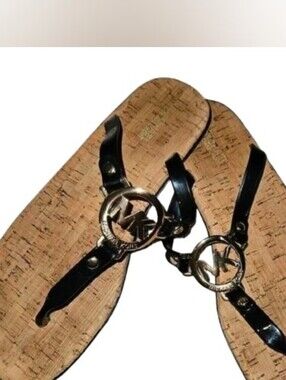 Michael Kors MK Charm Jelly Thong Sandals Black Cork Footbed Gold Logo Women's 8